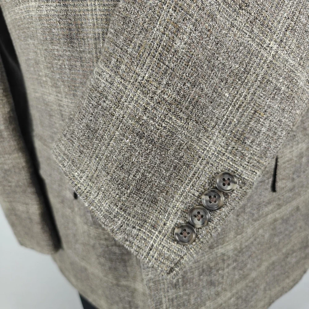 JOS A BANK‎ Reserve Men's Sport Coat  Brown Plaid Wool Silk Linen E.THOMAS 46R
